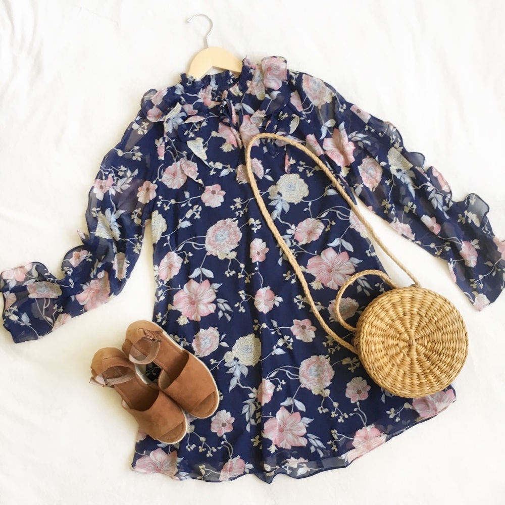 Navy Floral Ruffle Dress